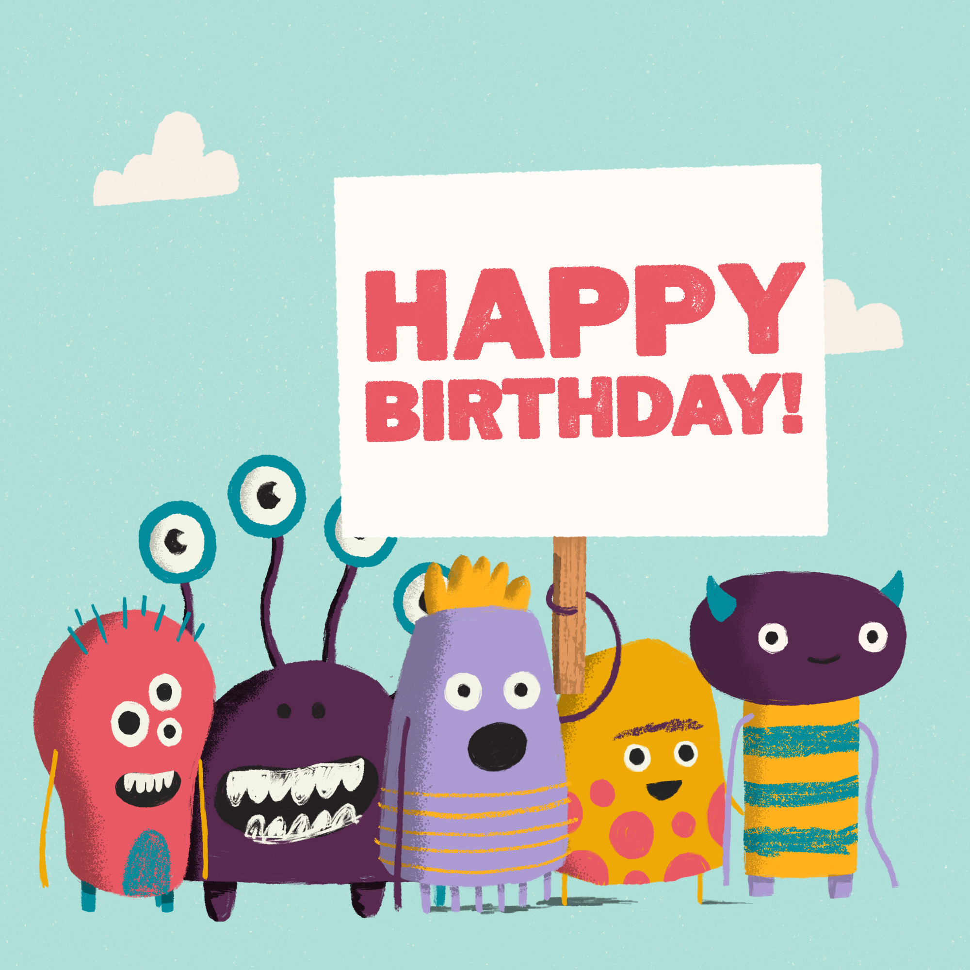 Five colourful monsters with a Happy Birthday banner