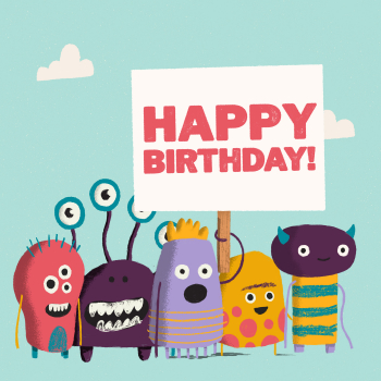 Five colourful monsters with a Happy Birthday banner