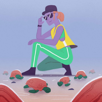 Graphic of a woman in brightly coloured clothing, sunglasses and a cap, kneeling down and surrounded by turtles 