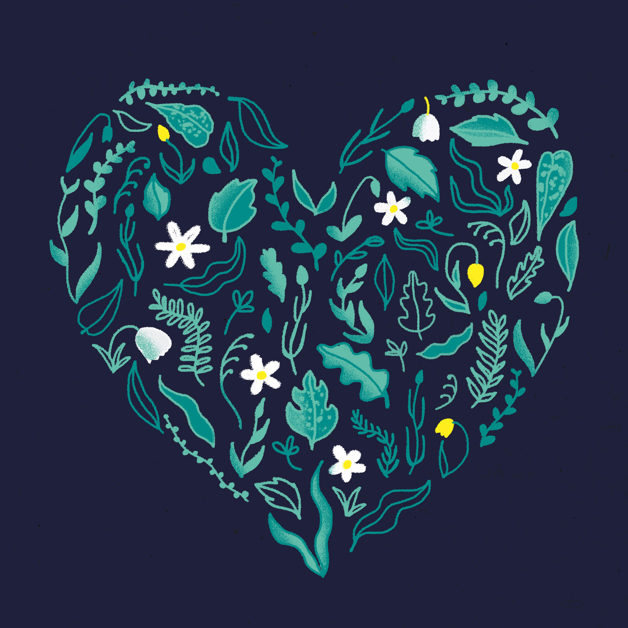 An illustrated heart made of plants on a navy background