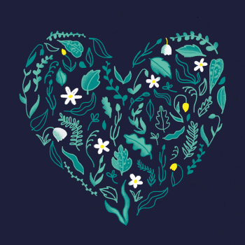 An illustrated heart made of plants on a navy background