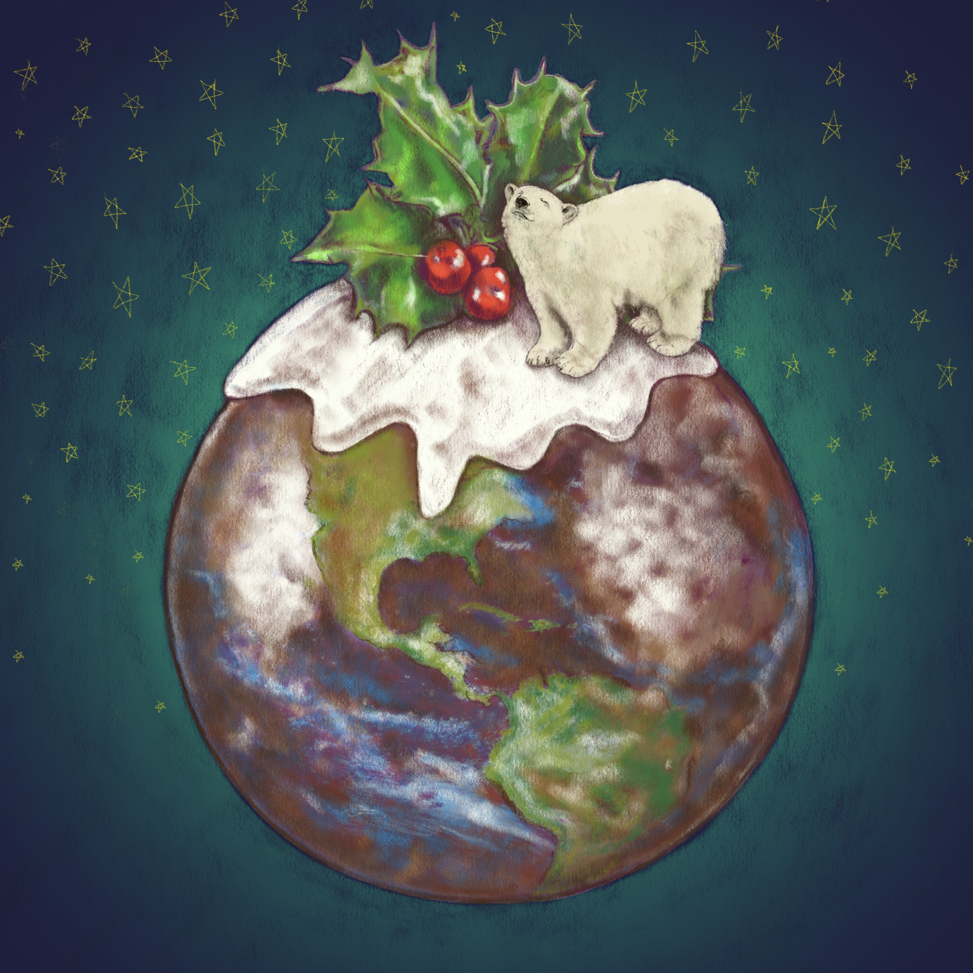 A Christmas pudding planet earth with a polar bear and holly on top