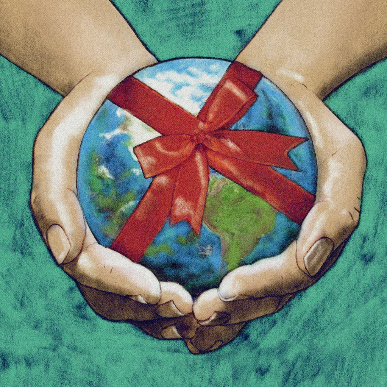 Earth, wrapped up as a gift cupped in a pair of hands