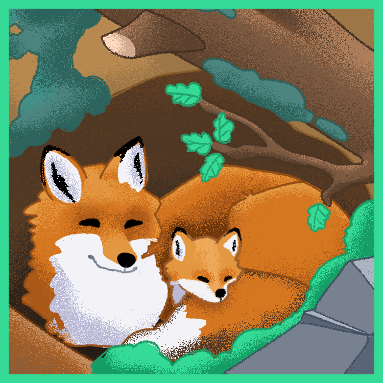 Illustration of a fox and fox-cub snuggled happily in their forest den