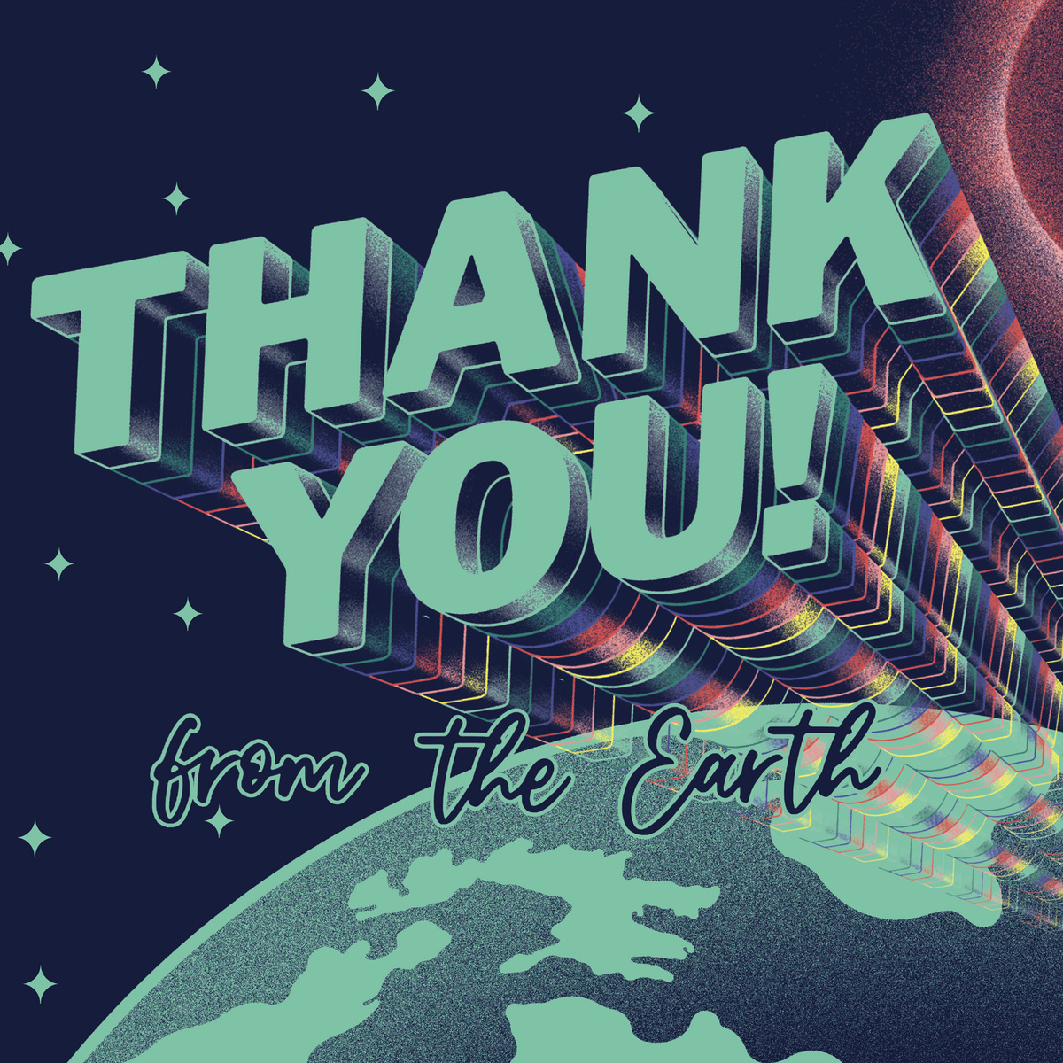 Horizon of the Earth with the sun emerging at a distance, overlaid with bold text saying “Thank you! From the Earth”