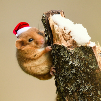 A photograph of a tiny brown field mouse holding on to a snowy log and wearing a Santa hat