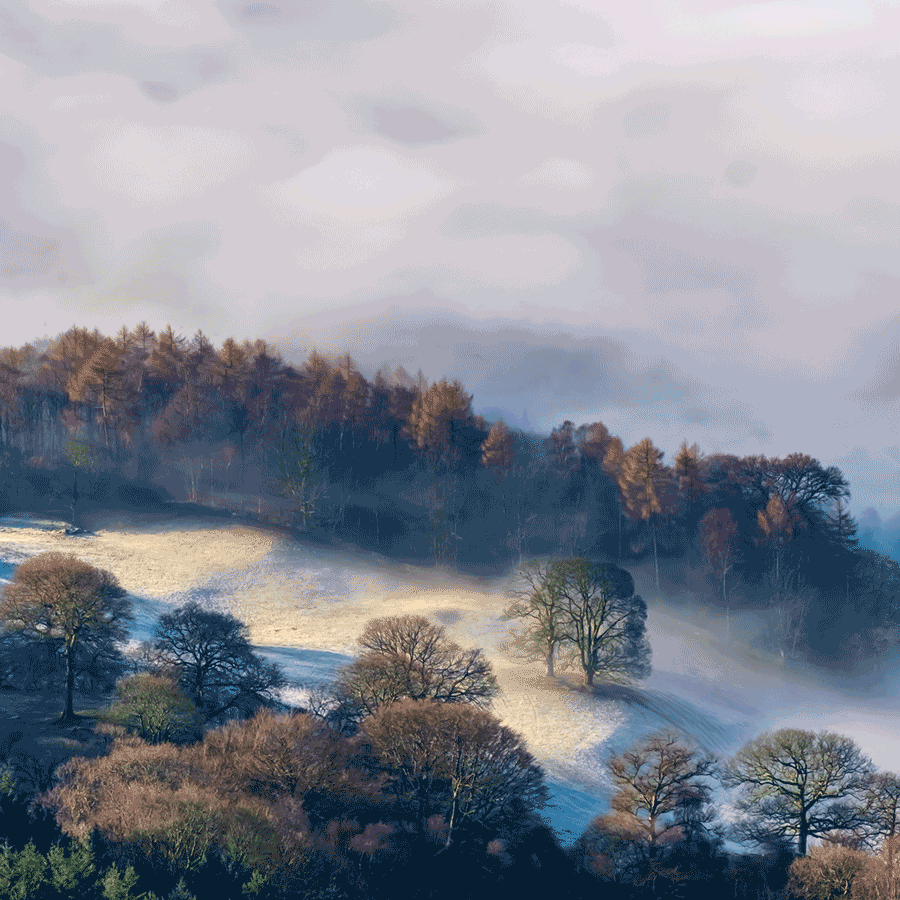 A countryside landscape with animated clouds