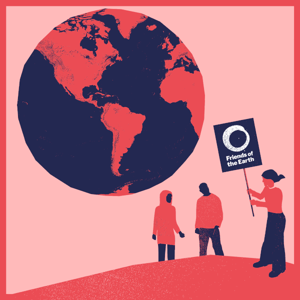 Animated red filtered graphic of a spinning globe and three people, with one waving a Friends of the Earth placard
