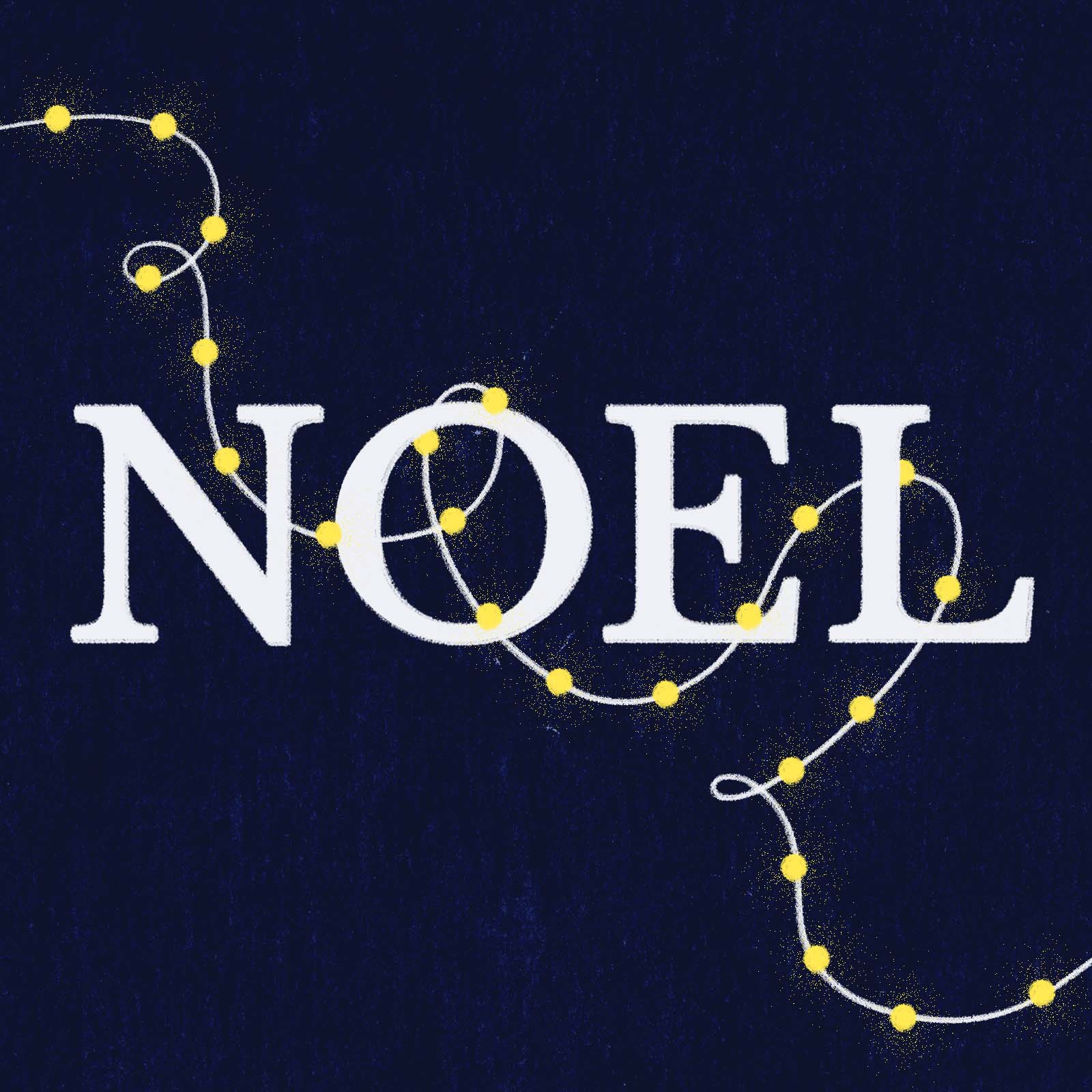 Illustrated Christmas lights surrounding text in the middle saying “Noel”